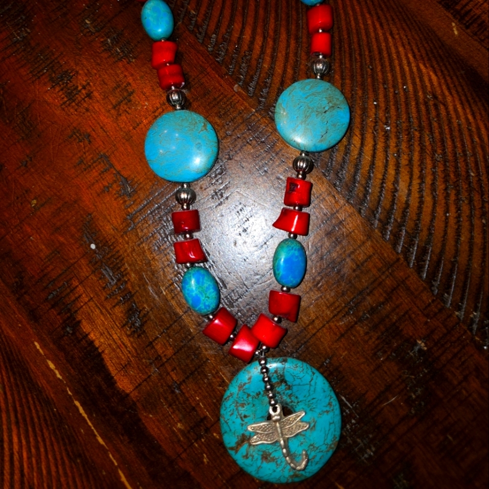 Turquoise and Red Beaded Necklace